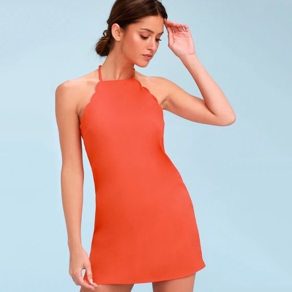 NWT Lulus Endlessly Endearing Scalloped Coral Red Mini Dress - Picture 1 of 7